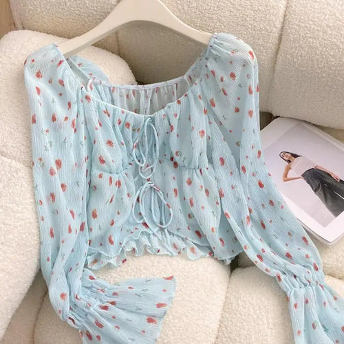 Load image into Gallery viewer, French Vintage Women's Blue Strawberry Print Blouse Spring Autumn Flared Long Sleeves Square Neck Ladies Lace-up Short Shirt New
