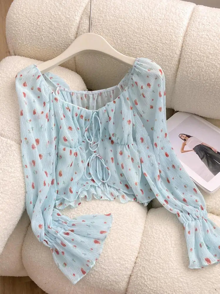 French Vintage Women's Blue Strawberry Print Blouse Spring Autumn Flared Long Sleeves Square Neck Ladies Lace-up Short Shirt New