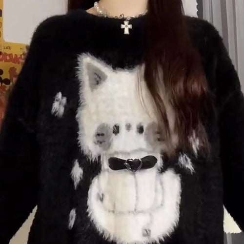 Load image into Gallery viewer, 2025 Harajuku Black Cartoon Cat Knitted Soft Sweater Women Autumn Vintage Streetwear Tops Loose Grunge Y2k Aesthetic Pull Femme
