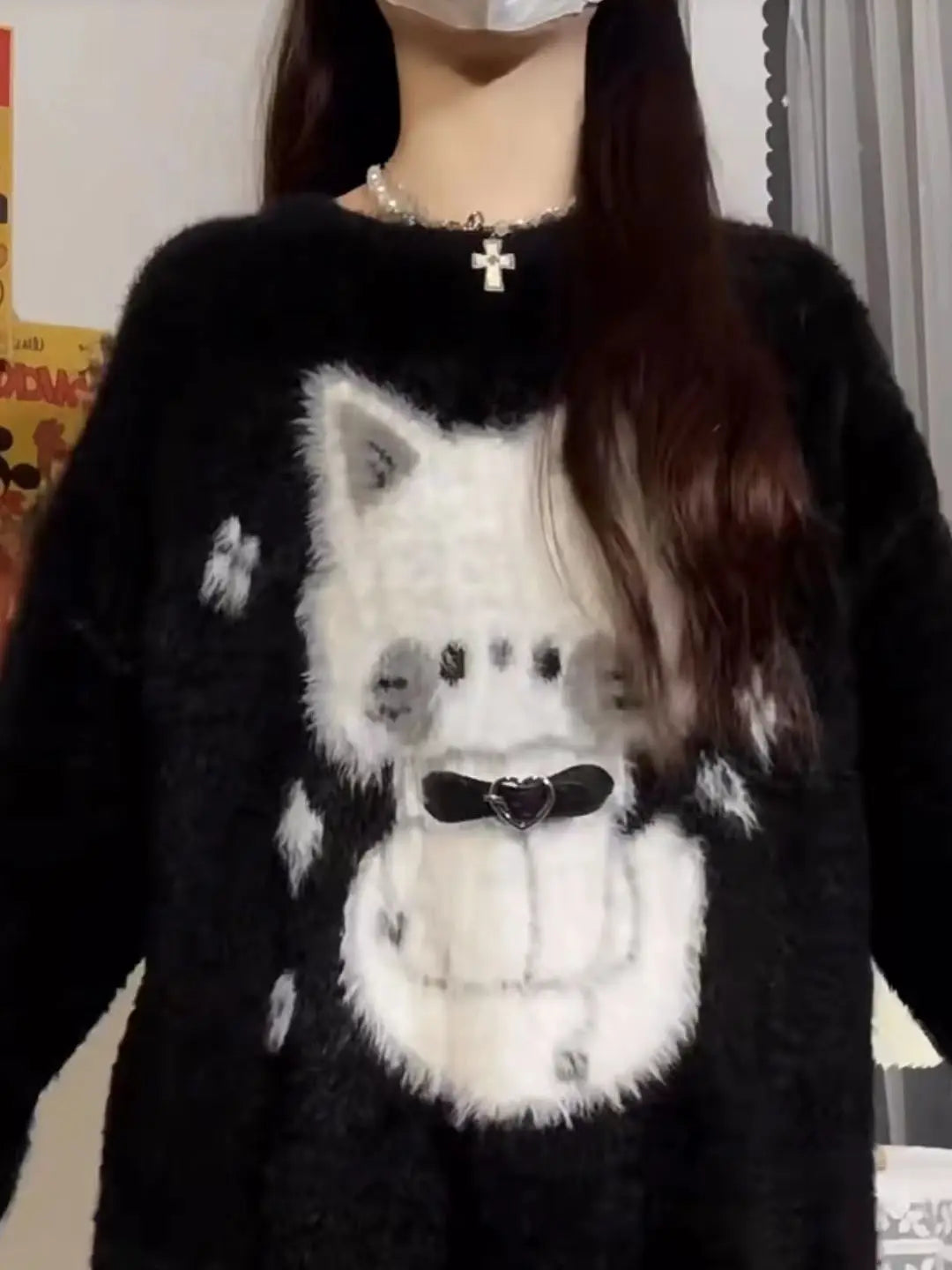 2025 Harajuku Black Cartoon Cat Knitted Soft Sweater Women Autumn Vintage Streetwear Tops Loose Grunge Y2k Aesthetic Pull Femme