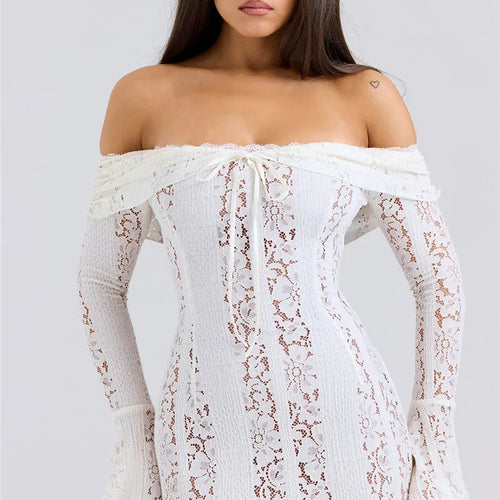 Load image into Gallery viewer, Floral Lace Off-shoulder Maxi Dress For Women White Strapless Backless Long Sleeve Bodycon Club Party Sexy Long Dress
