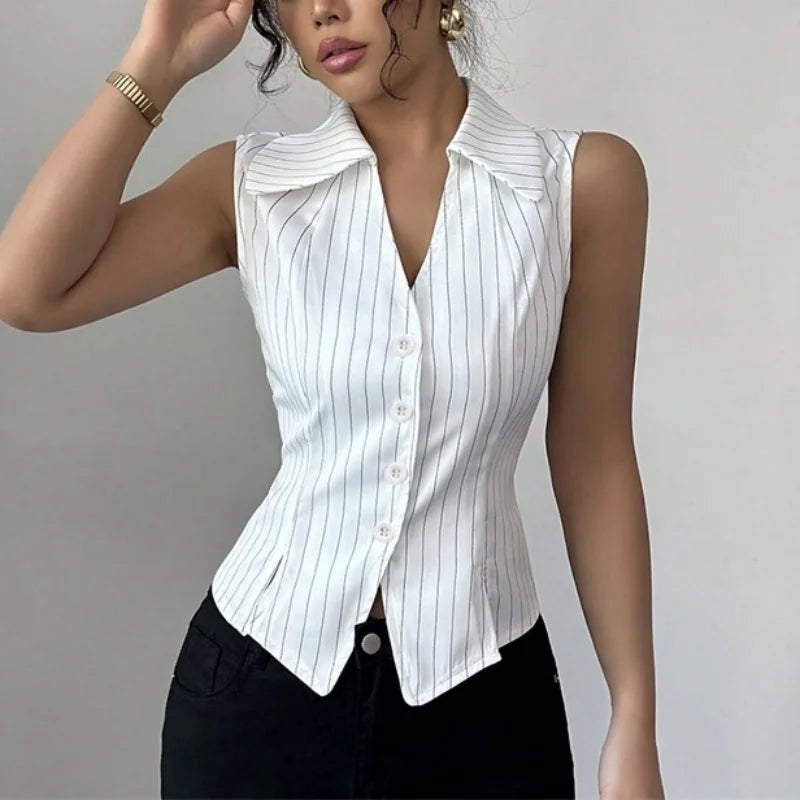 y2k Waistcoat Vest 2000s Women Summer Striped Single Breasted Sleeveless Tank Top Elegant Ladies Clothes Streetwear