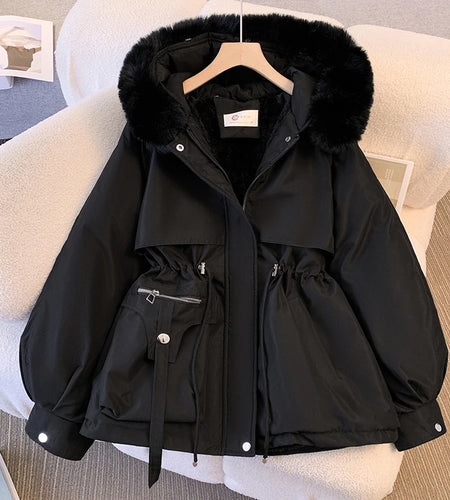 Winter Women's Solid Big Hairy Collar Hooded Velvet Parka 2024 Korean Version Ladies Oversize Warm Cardigans Down Cotton Jacket