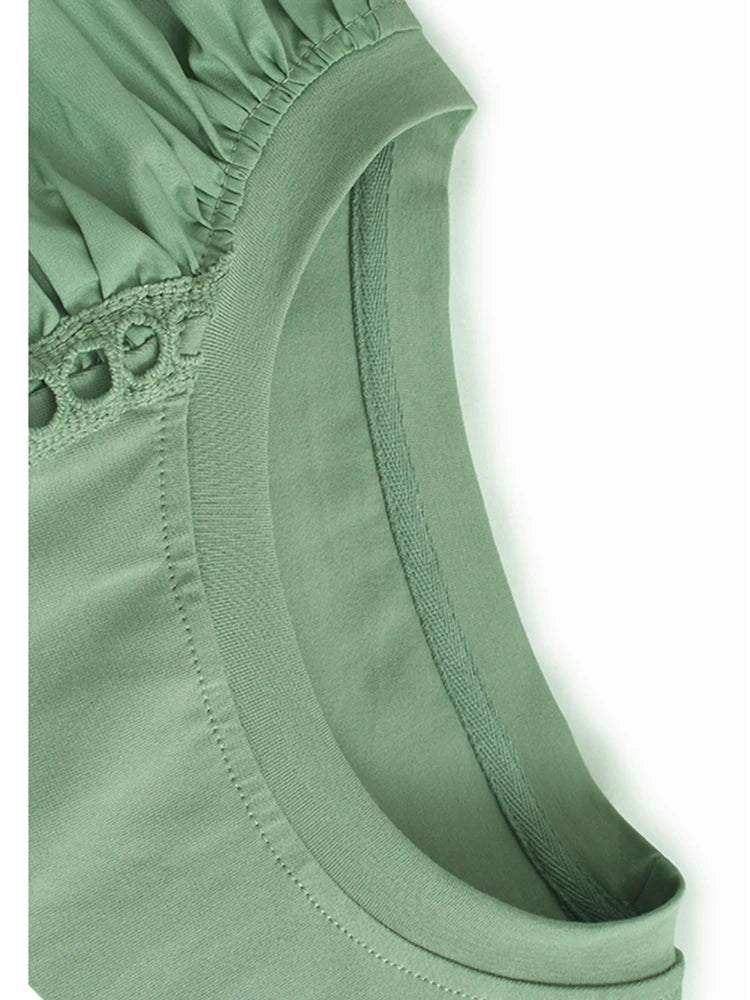 Women Green Pleated Irregular Spliced Big Size T-shirt New Round Neck Short Sleeve Fashion Tide Spring Summer 2025 1DJ1120