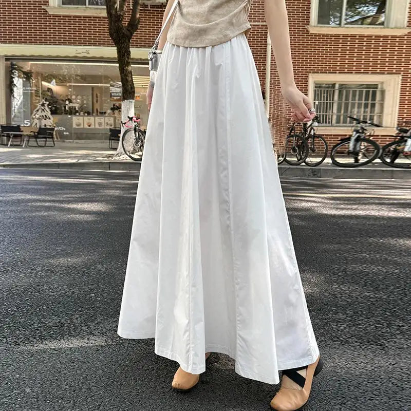 Spring Summer Women Black White Elegant Oversized Long Skirt French Fashion Brown High Waist Vacation Pleated Half Skirt Popular