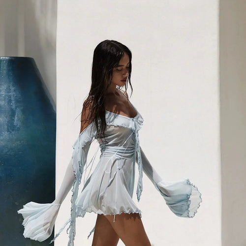 Load image into Gallery viewer, Elegant Mesh Patchwork Ruffled Short Skirt Women's Long Sleeved Sexy Open Back Transparent Vestidos Holiday Party Beach
