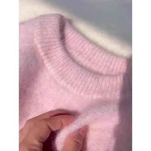 Load image into Gallery viewer, Women Pink Gray Round Neck Pullover Sweater Autumn Winter White Basic Warm Casual Korean Long Sleeved Knitwear Tops Versatile
