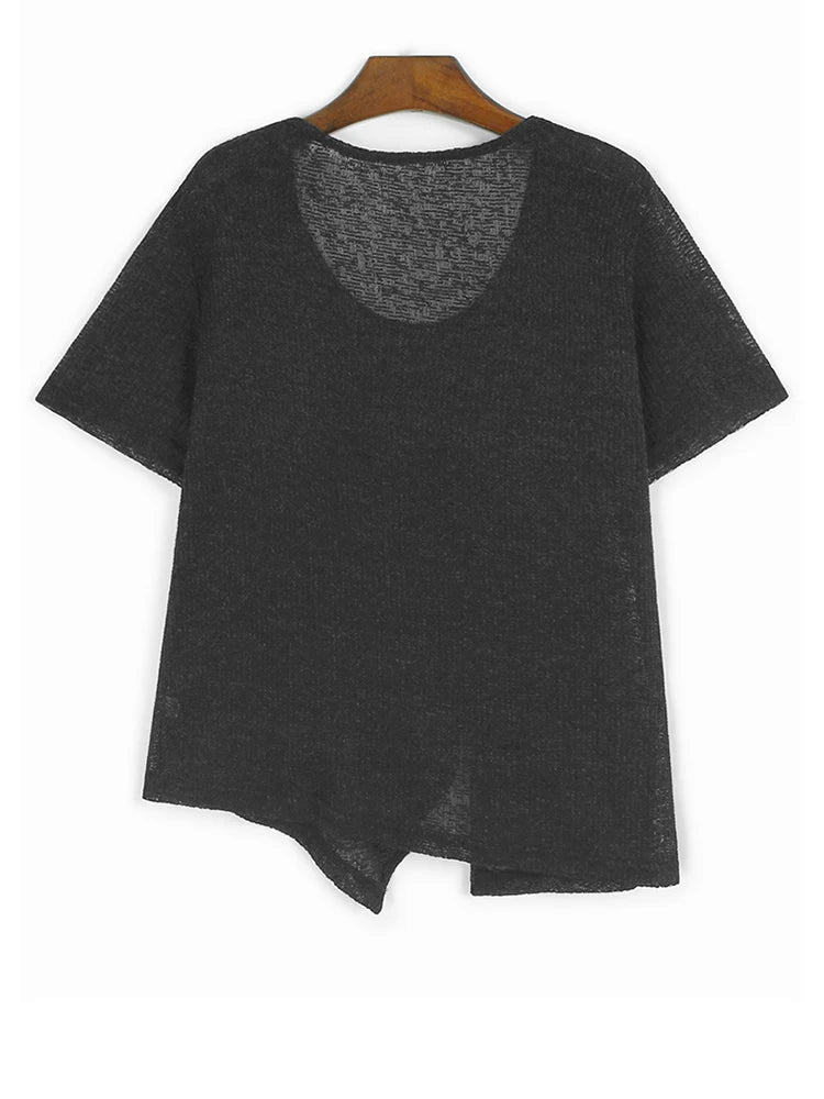 Women Black Thin Perspective Big Size Irregular T-shirt New Round Neck Short Sleeve Fashion Spring Summer 2025 1DJ1127