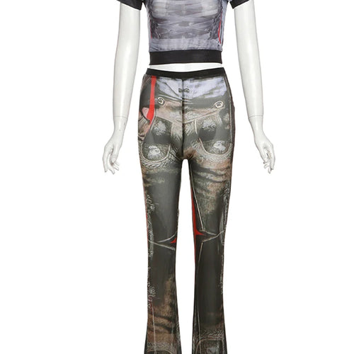 Load image into Gallery viewer, Sexy Vintage Print See Through 2 Piece Set Women Shorts Sleeve Crop Tops+Flare Pants Matching Midnight Fit Club Outfit
