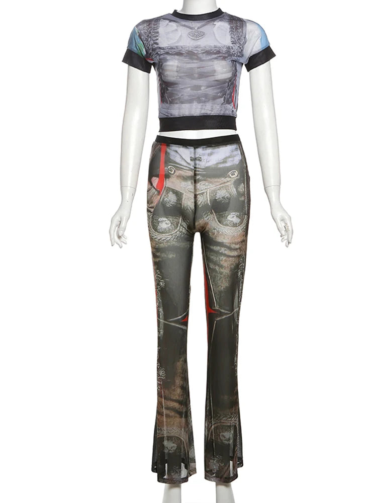 Sexy Vintage Print See Through 2 Piece Set Women Shorts Sleeve Crop Tops+Flare Pants Matching Midnight Fit Club Outfit