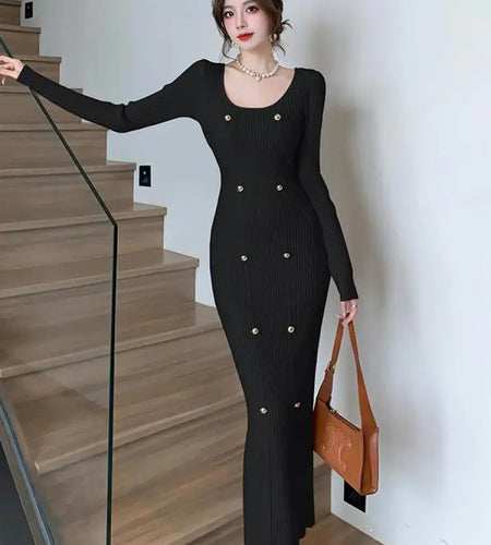 Autumn Winter French Fashion Long Sleeves Knitted Dresses Women's Elegant Square Neck Office Lady Wrap Hip Dress Simplicity Slim