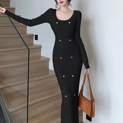 Load image into Gallery viewer, Autumn Winter French Fashion Long Sleeves Knitted Dresses Women's Elegant Square Neck Office Lady Wrap Hip Dress Simplicity Slim

