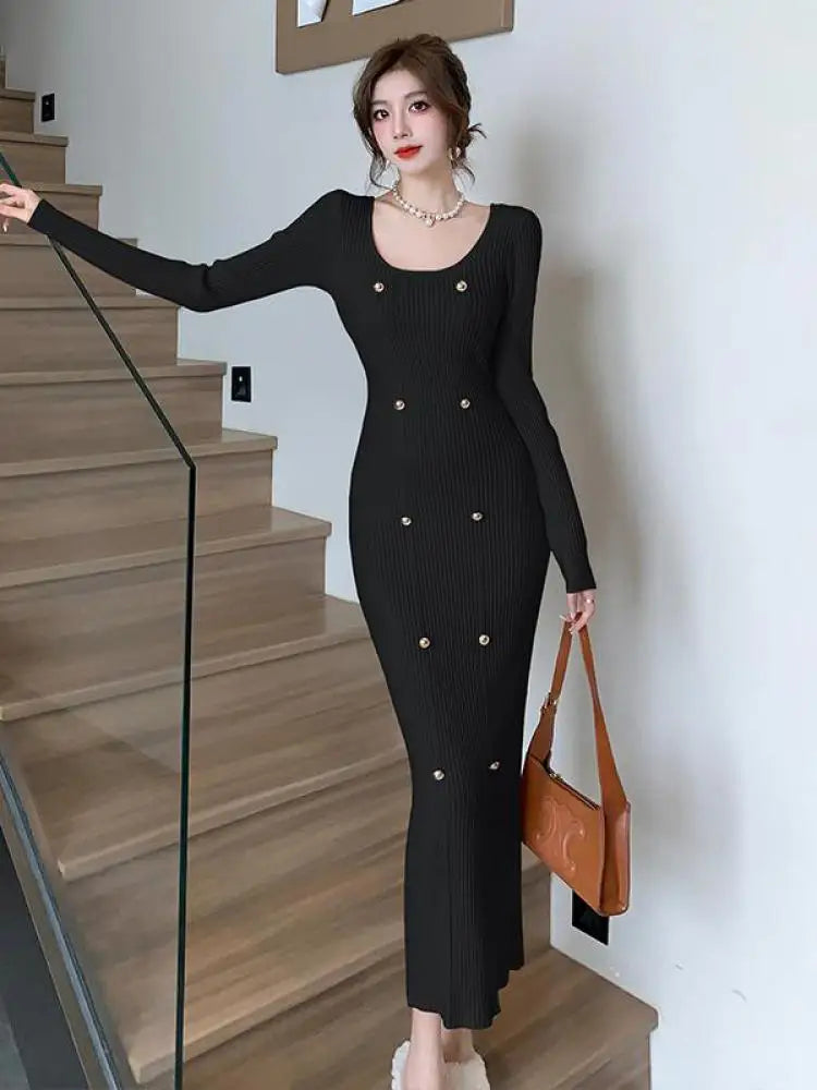 Autumn Winter French Fashion Long Sleeves Knitted Dresses Women's Elegant Square Neck Office Lady Wrap Hip Dress Simplicity Slim