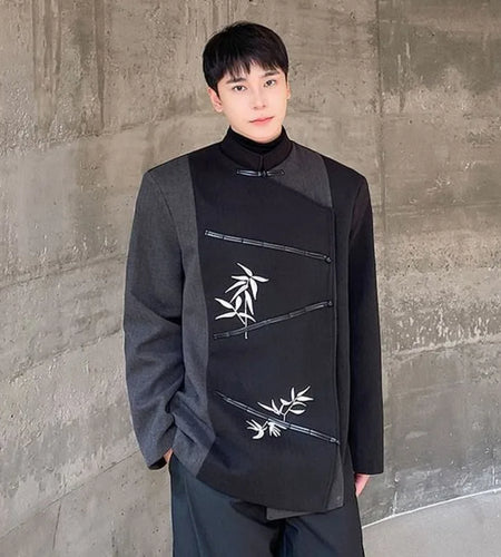 Retro Style Suit Jacket Embroidery Color Blocking Loose Blazers Men's Chinese Stand Collar Thickening 2024 Winter 9C8720