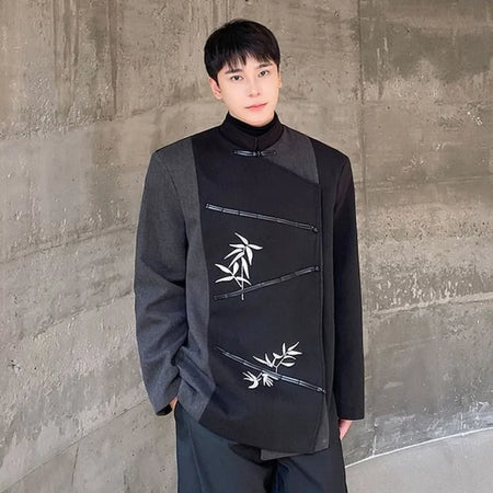 Retro Style Suit Jacket Embroidery Color Blocking Loose Blazers Men's Chinese Stand Collar Thickening 2024 Winter 9C8720