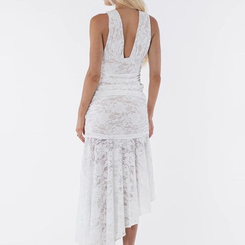 Load image into Gallery viewer, Lace Ruched Sexy Maxi Dress Women Gown White Patchwork Deep V Neck Sleeveless Backless High Waist Long Tank Dress
