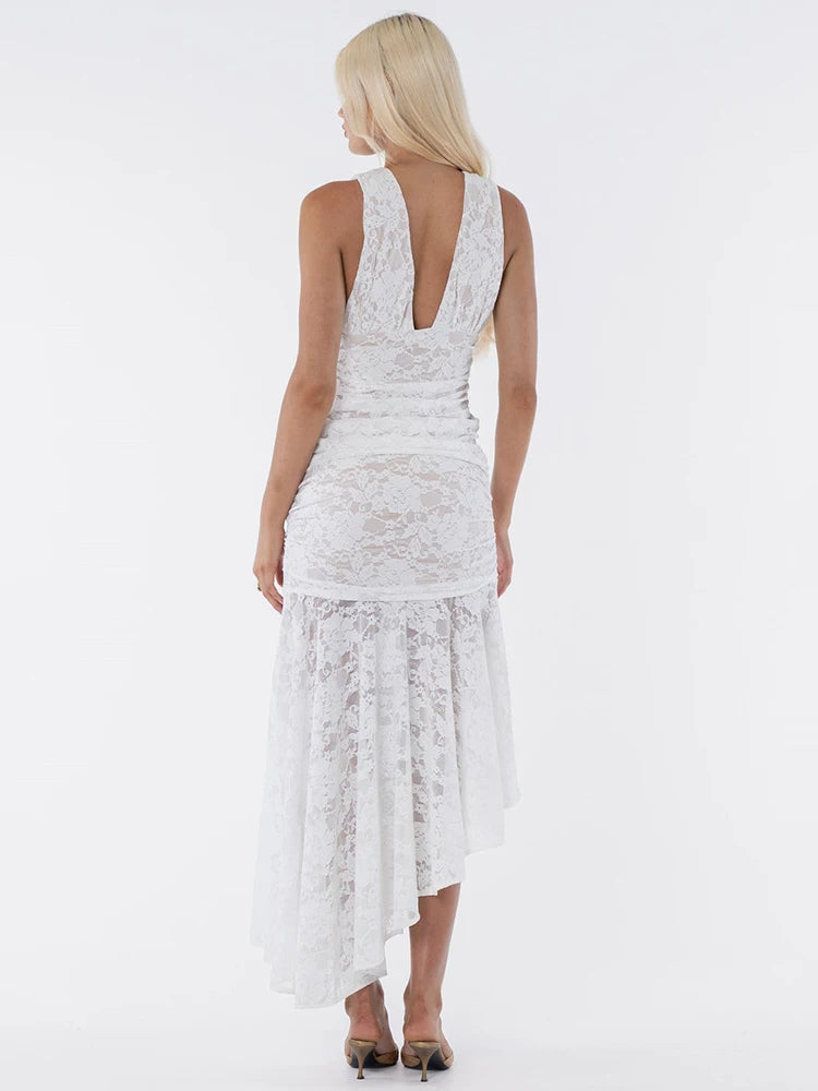 Lace Ruched Sexy Maxi Dress Women Gown White Patchwork Deep V Neck Sleeveless Backless High Waist Long Tank Dress