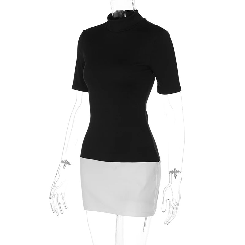Sexy Half High Collar Half Sleeve Patchwork Mini Dress Women Slim Elegant High Waist Dress Streetwear Female Clothes