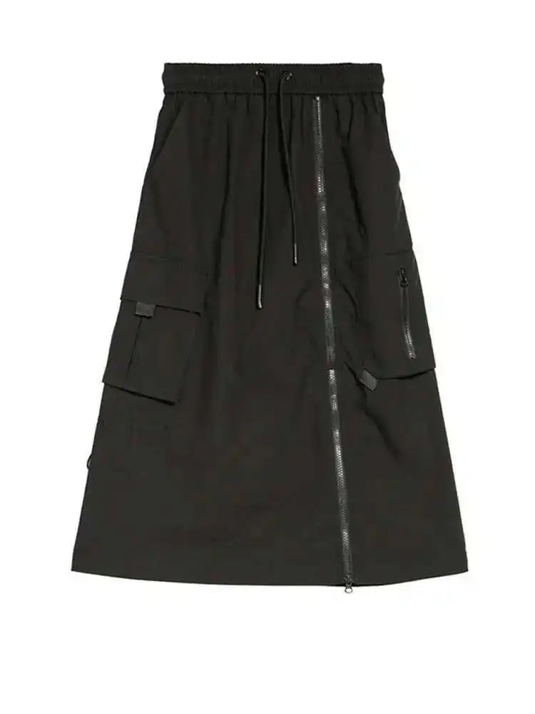 High Elastic Waist Black Zipper Long Spliced Long Casual Half-body Skirt Women Fashion Tide New Spring Autumn 2025 1DF1656