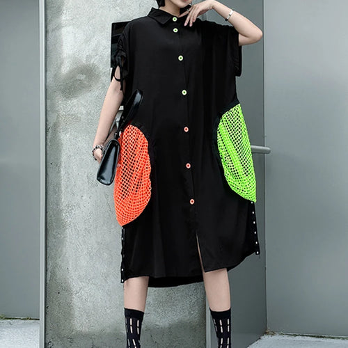 Load image into Gallery viewer, Women Black Color-block Grid Pocket Big Size Shirt Dress New Lapel Short Sleeve Fashion Tide Spring Summer 2025 1DJ1332
