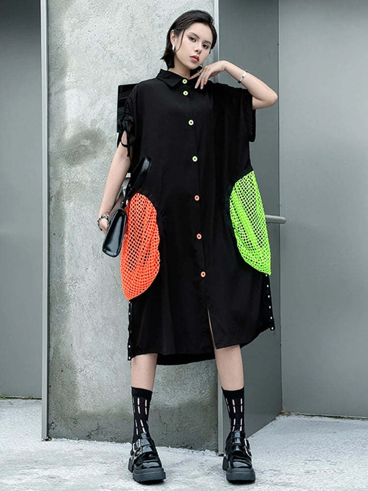 Women Black Color-block Grid Pocket Big Size Shirt Dress New Lapel Short Sleeve Fashion Tide Spring Summer 2025 1DJ1332