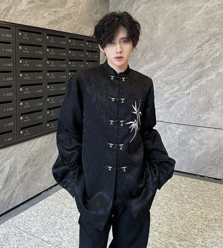 Loose Male Shirts Solid Color Single Breasted New Chinese Embroidered Bamboo Leaf Shirt Spring Summer Men's Top 9W1345