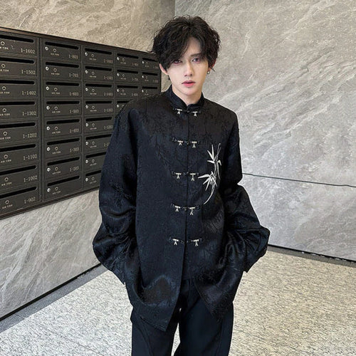 Load image into Gallery viewer, Loose Male Shirts Solid Color Single Breasted New Chinese Embroidered Bamboo Leaf Shirt Spring Summer Men's Top 9W1345
