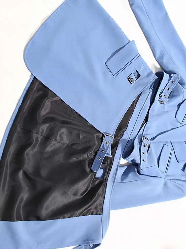 Women Blue Cross Buckle Hollow Out Blazer Dress New Lapel Long Sleeve Loose Fit Fashion Tide Spring Autumn 2025 1DE3323