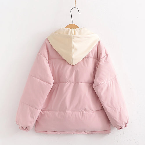 Load image into Gallery viewer, Women Autumn Winter Patchwork Long Sleeve Short Down Cotton Jacket Korean Version Elegant Hooded Bread Coat Casual Trend Fashion
