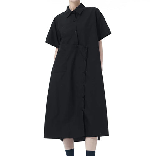 Load image into Gallery viewer, Women Black Irregular Button Big Size Midi Shirt Dress New Lapel Short Sleeve Fashion Tide Spring Summer 2025 1DJ0954
