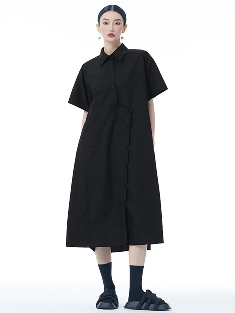 Women Black Irregular Button Big Size Midi Shirt Dress New Lapel Short Sleeve Fashion Tide Spring Summer 2025 1DJ0954