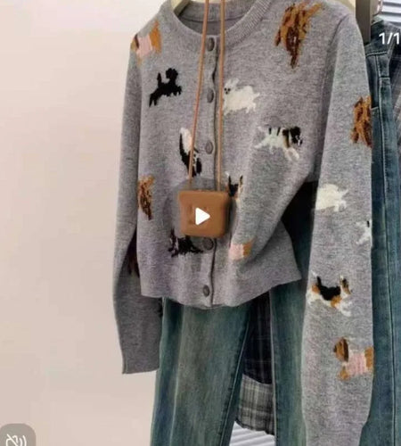 Korean Vintage 2024 New Grey Dog Patchwork Elegant Long Sleeved Sweater Autumn Winter Women's Round Neck Short Cardigan Knit Top
