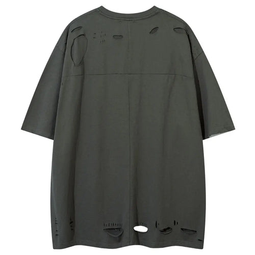 Load image into Gallery viewer, Hip Hop Oversized Tshirt Streetwear Solid Half Zipper Destroy Ripped Holes Punk Gothic T-Shirts Men Harajuku Casual Baggy Tops
