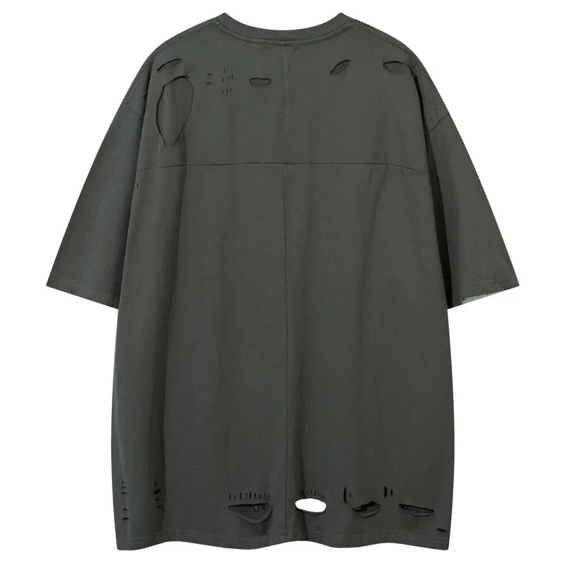 Hip Hop Oversized Tshirt Streetwear Solid Half Zipper Destroy Ripped Holes Punk Gothic T-Shirts Men Harajuku Casual Baggy Tops