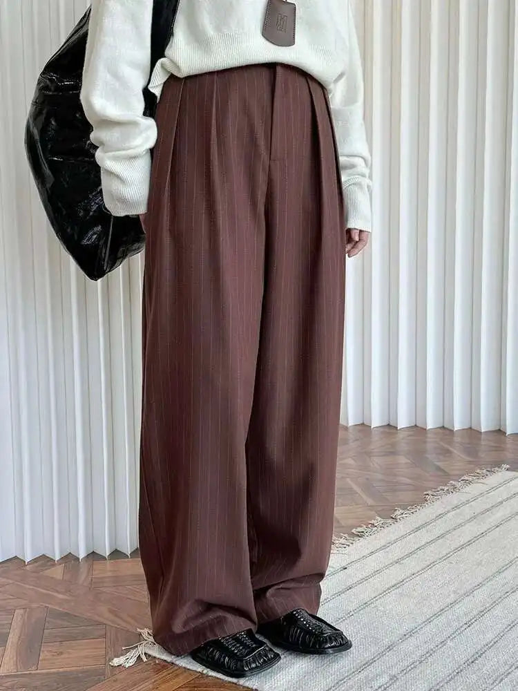 High Waist Navy Blue Striped Pleated Long Wide Leg Pants New Trousers Women Fashion Tide Spring Autumn 2025 1DH8669