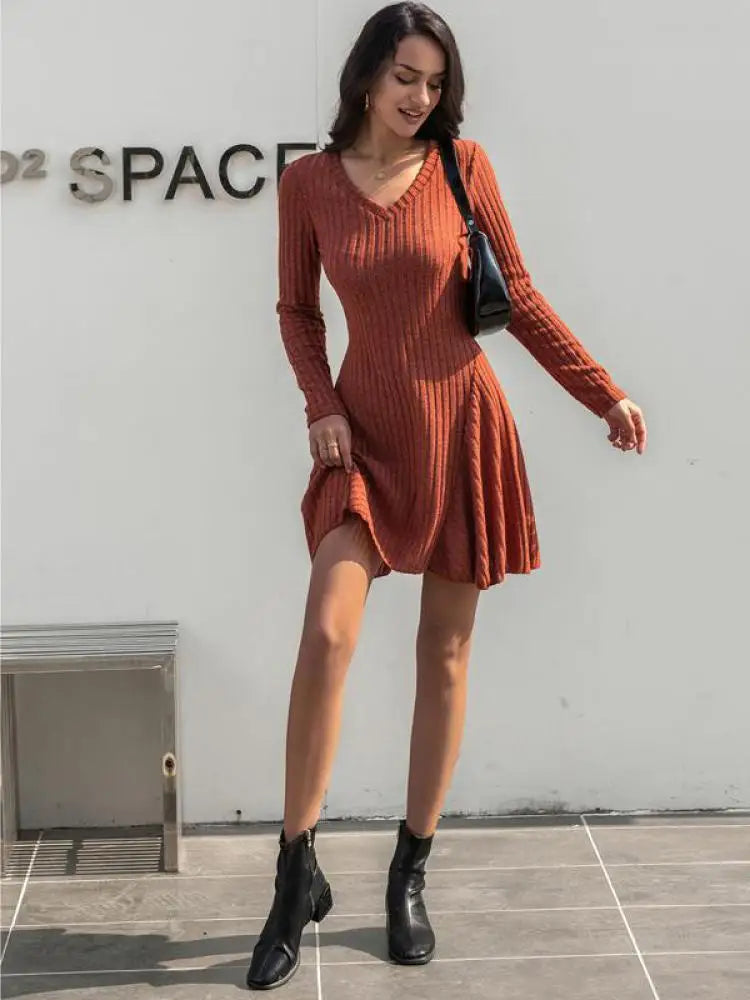 Autumn Winter Korean Trend Orange V Neck Sexy Elegant Slim Long Sleeve Short Dress Women Retro Knitted Mini Dress Popular Casual