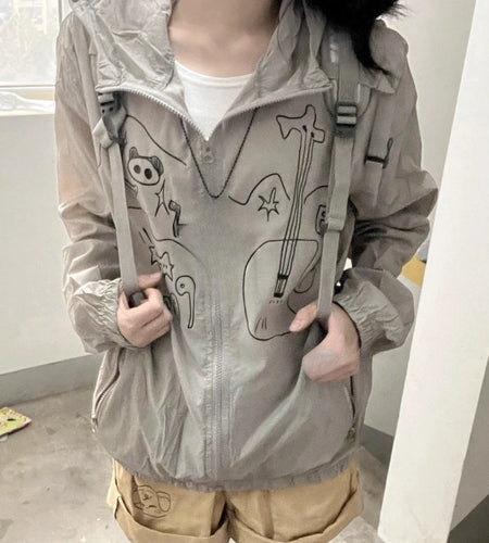 Outdoor Sun Protection Y2k Aesthetic Cartoon Jackets Women Grunge Thin Simple Hooded Coat Streetwear Casual Zipper Femme Tops