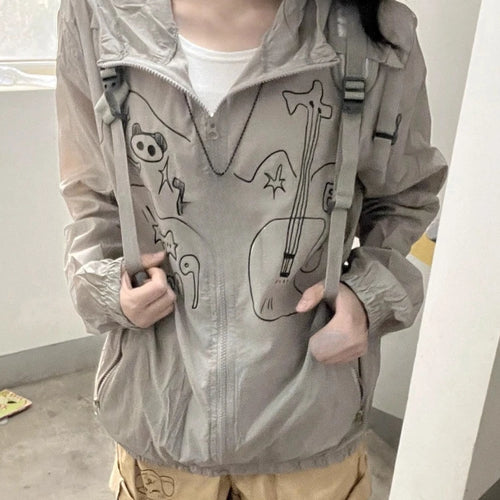 Load image into Gallery viewer, Outdoor Sun Protection Y2k Aesthetic Cartoon Jackets Women Grunge Thin Simple Hooded Coat Streetwear Casual Zipper Femme Tops
