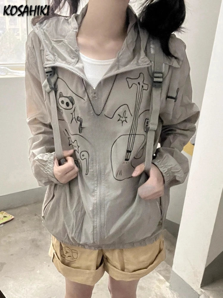 Outdoor Sun Protection Y2k Aesthetic Cartoon Jackets Women Grunge Thin Simple Hooded Coat Streetwear Casual Zipper Femme Tops