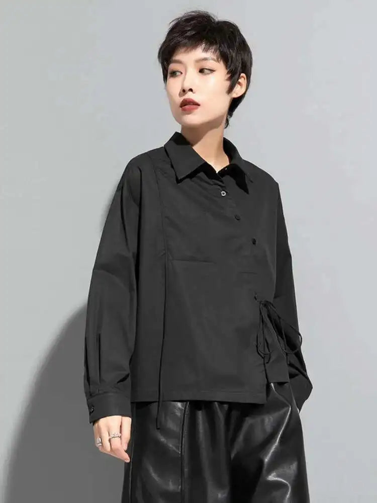 Women Black Bandage Big Size Long Blouse New Lapel Long Sleeve Loose Fit Shirt Fashion Tide Spring Autumn 2025  1DF1659