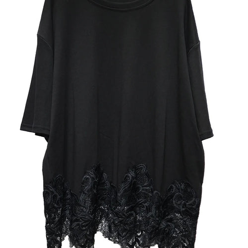 Load image into Gallery viewer, Women Black Hem Lace Spliced Big Size Casual T-shirt New Round Neck Half Sleeve Fashion Tide Spring Summer 2025 1DJ0895
