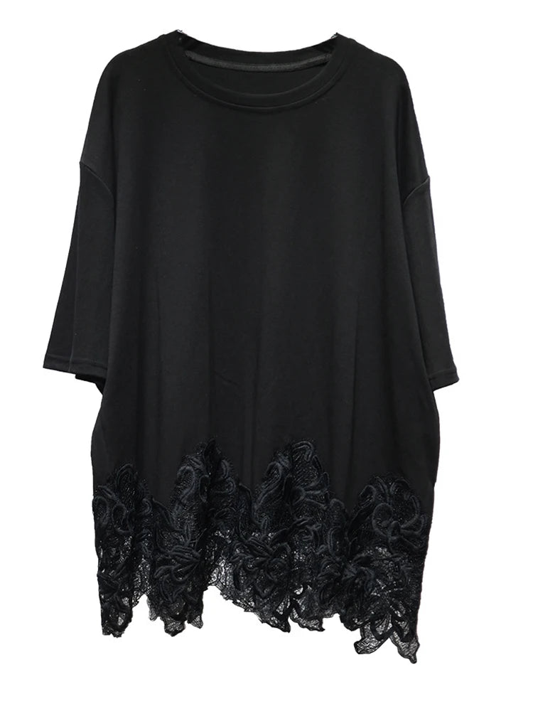 Women Black Hem Lace Spliced Big Size Casual T-shirt New Round Neck Half Sleeve Fashion Tide Spring Summer 2025 1DJ0895