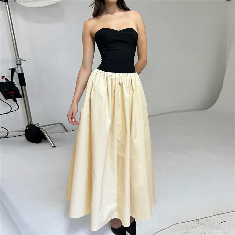 Patchwork Off-shoulder Sexy Maxi Dress For Women Contrasting Color Strapless Sleeveless Backless Lace-up Sexy Dress