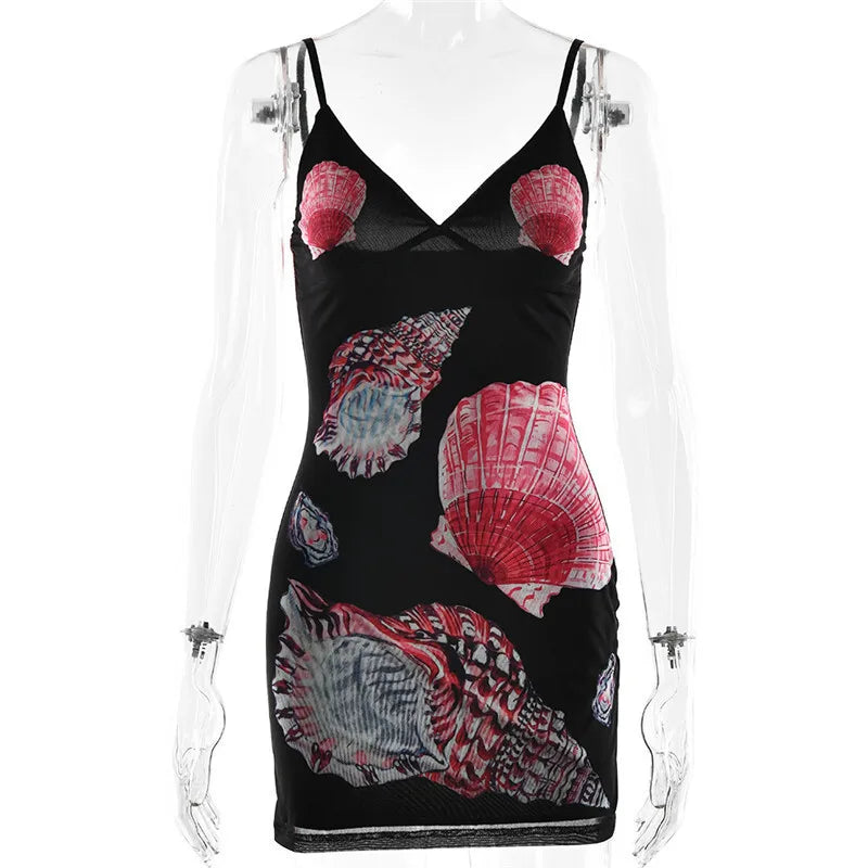 Spaghetti Strap Floral Print Mini Dress For Women Robe Summer New V Neck Sleeveless Backless Print Beach Holiday Dress