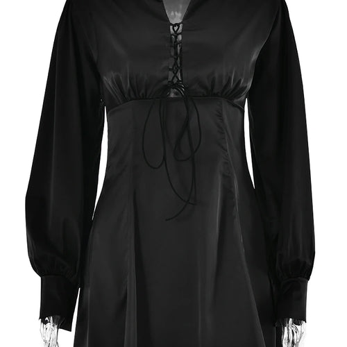 Load image into Gallery viewer, Elegant Long Sleeved Satin Lace Up Dress For Women Bodycon Suit Collar Hollow Out Dress Casual Female Party Club Vesidos
