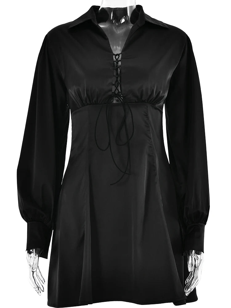 Elegant Long Sleeved Satin Lace Up Dress For Women Bodycon Suit Collar Hollow Out Dress Casual Female Party Club Vesidos