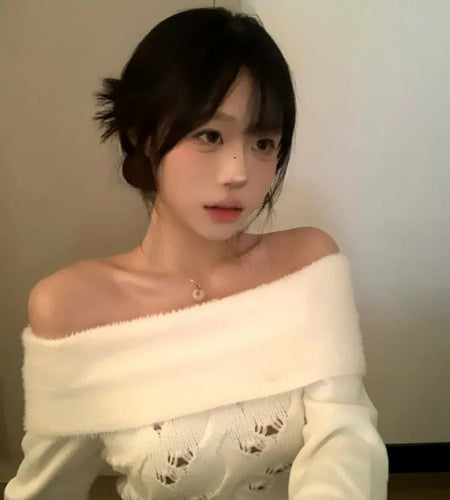Y2k Aesthetic Solid Sexy Off Shoulder Pullover Women Vintage Harajuku Hole Knitted Jumper Fairy Grunge Slim Fit Crop Sweater