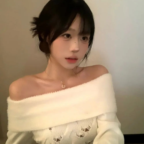 Load image into Gallery viewer, Y2k Aesthetic Solid Sexy Off Shoulder Pullover Women Vintage Harajuku Hole Knitted Jumper Fairy Grunge Slim Fit Crop Sweater
