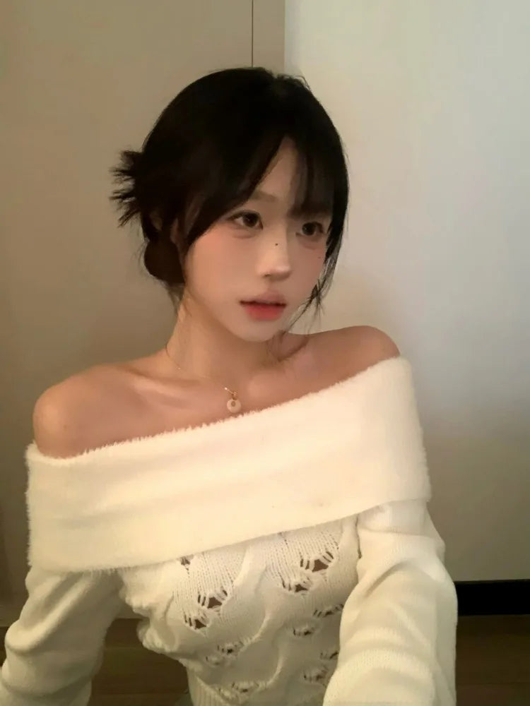 Y2k Aesthetic Solid Sexy Off Shoulder Pullover Women Vintage Harajuku Hole Knitted Jumper Fairy Grunge Slim Fit Crop Sweater