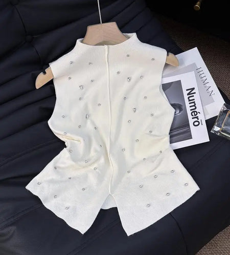 Korean Women Solid Diamond Round Neck Sleeveless Split Vest Summer Elegant Holiday Short Tank Tops Popular Versatile Streetwear